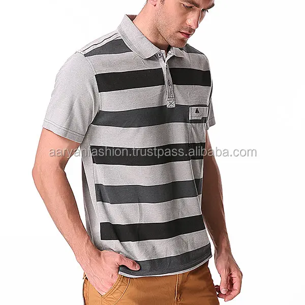 Cotton Stripe Printed Turn-down Collar Short Sleeve Casual Business Polo Shirt for Men