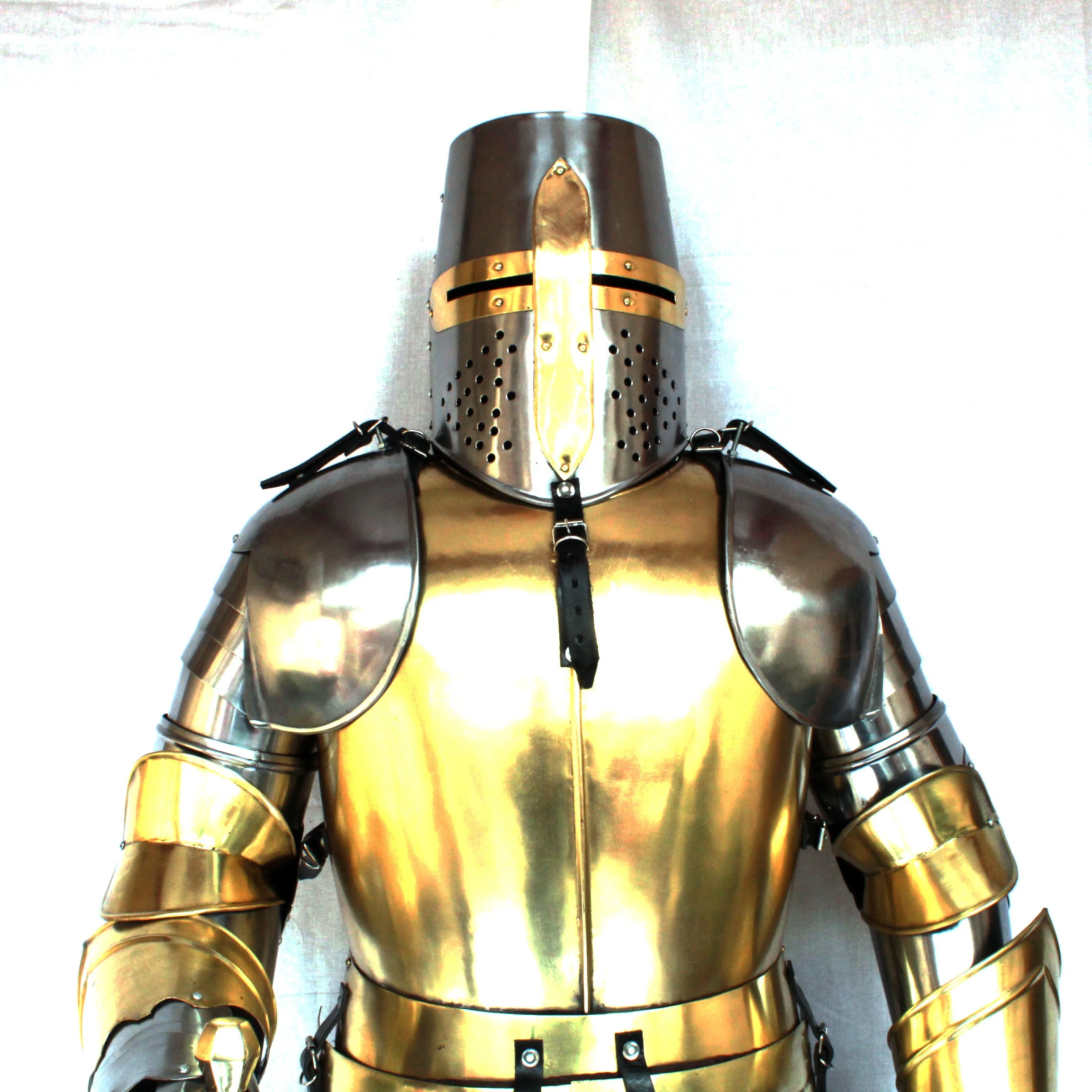 Metal Steel Brass Medieval Old age Ancient Armour Suit with Sword and Shield with Wooden Base and Steel Frame