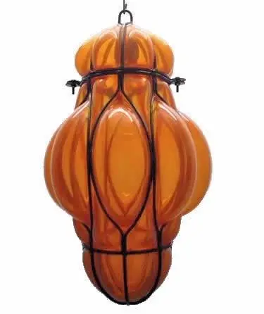 B58 Egyptian Hand Blown Orange Glass Wrought Iron Hanging Lamp