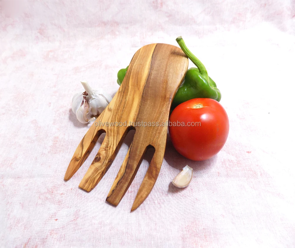 Olive wood salad hands, wooden fork, salad hands