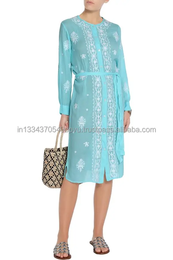 World of Swimwear High Fashion Edge Intricate White Floral Embroidered Flattering Waist Belt Women Cover Up Kimono Dress Robe