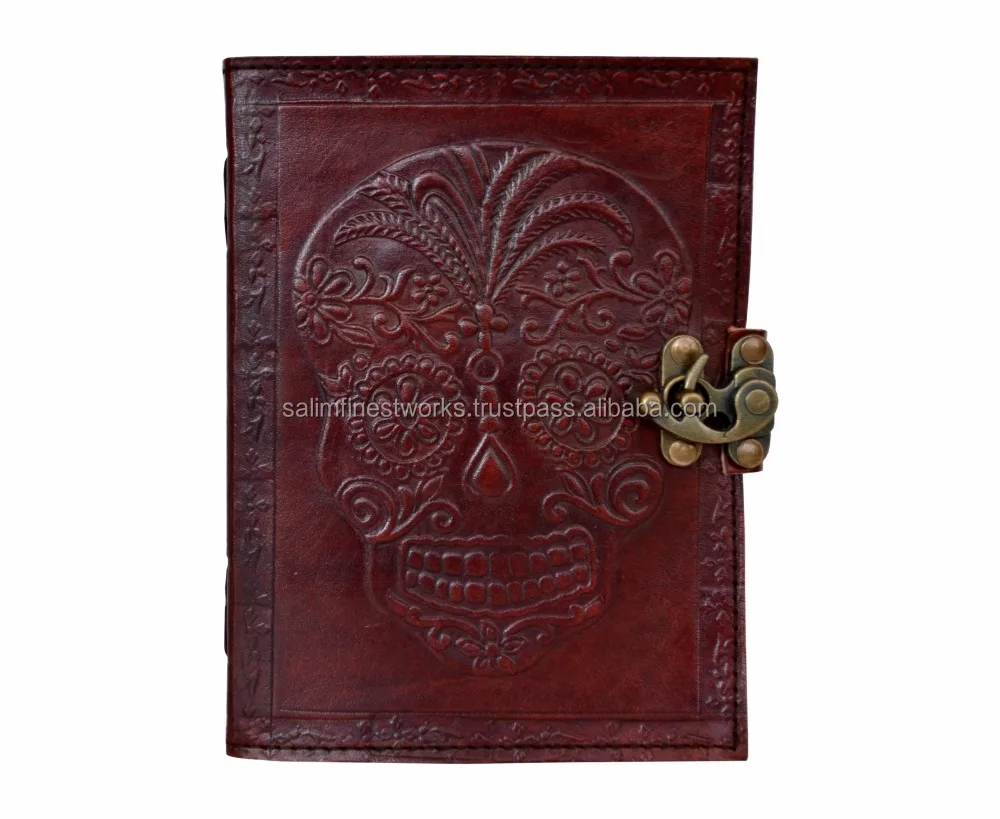 Celtic Day Of Dead Skull Embossed Handmade Genuine Leather Journal Writing Note Book With Blank White Pages Antique Brass C Lock