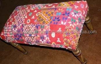 
Vintage Cotton Wooden Upholstered Wooden Bench Handmade Ottoman Footstool 