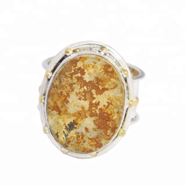 Popular Two Tone Leaf Jasper Ring Bulk Wholesale Ring Solid 925 Sterling Silver Eternity Vermeil Rings For Her