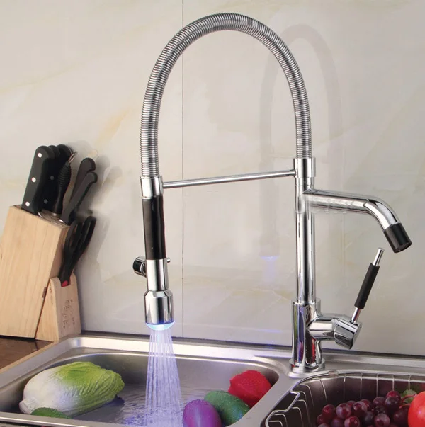 LED kitchen tap with spring spray kitchen sink tap sink mixer kitchen taps 3 way stopcock