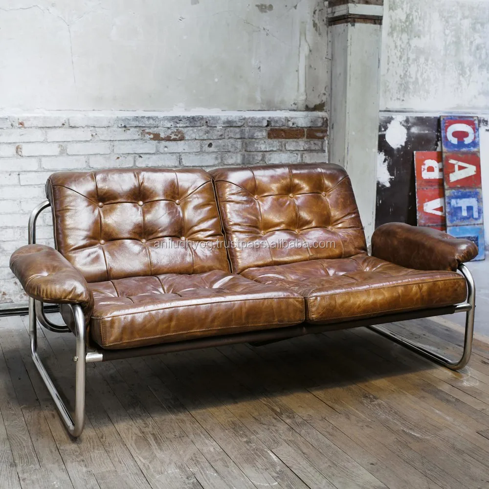 Industrial style two seater brown leather sofa/Metal base vintage finish tufted leather sofa