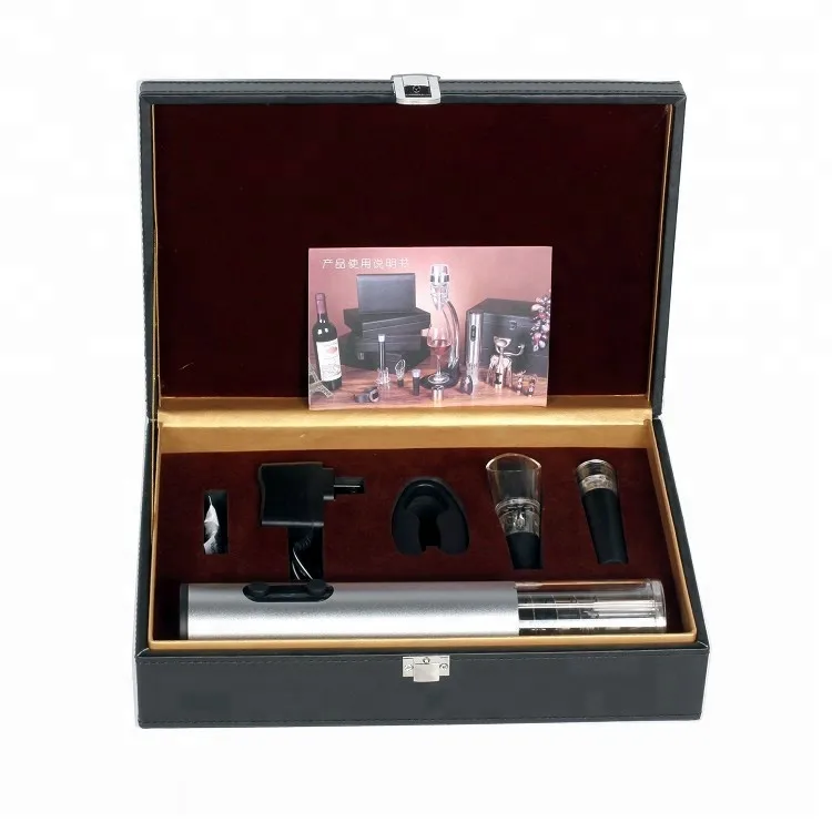 Christmas Corporate Gifts 2019 Luxury Wine Accessories Leather Box Set with Electric Automatic Corkscrew WIne Opener Sealer
