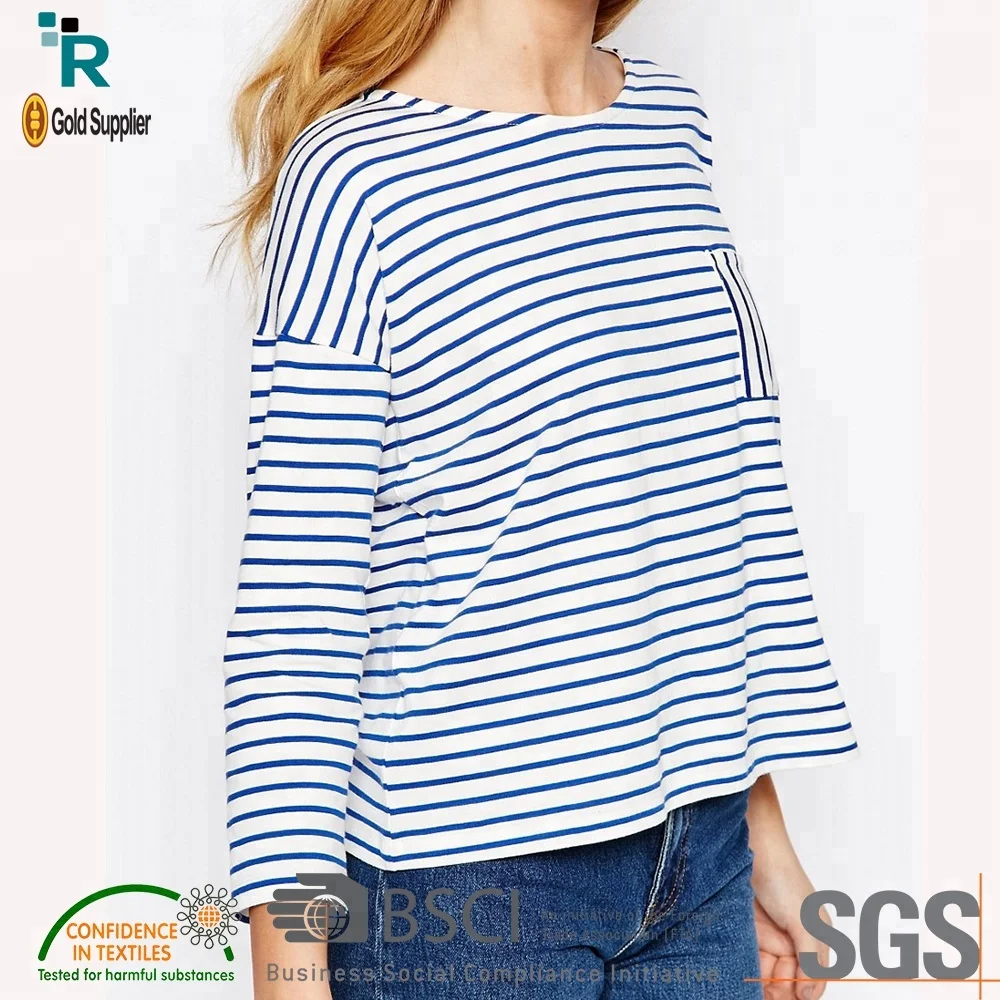 Supper soft pure cotton jersey Bretton stripe boat neckline women regular fit shoulder drop t shirt with pocket