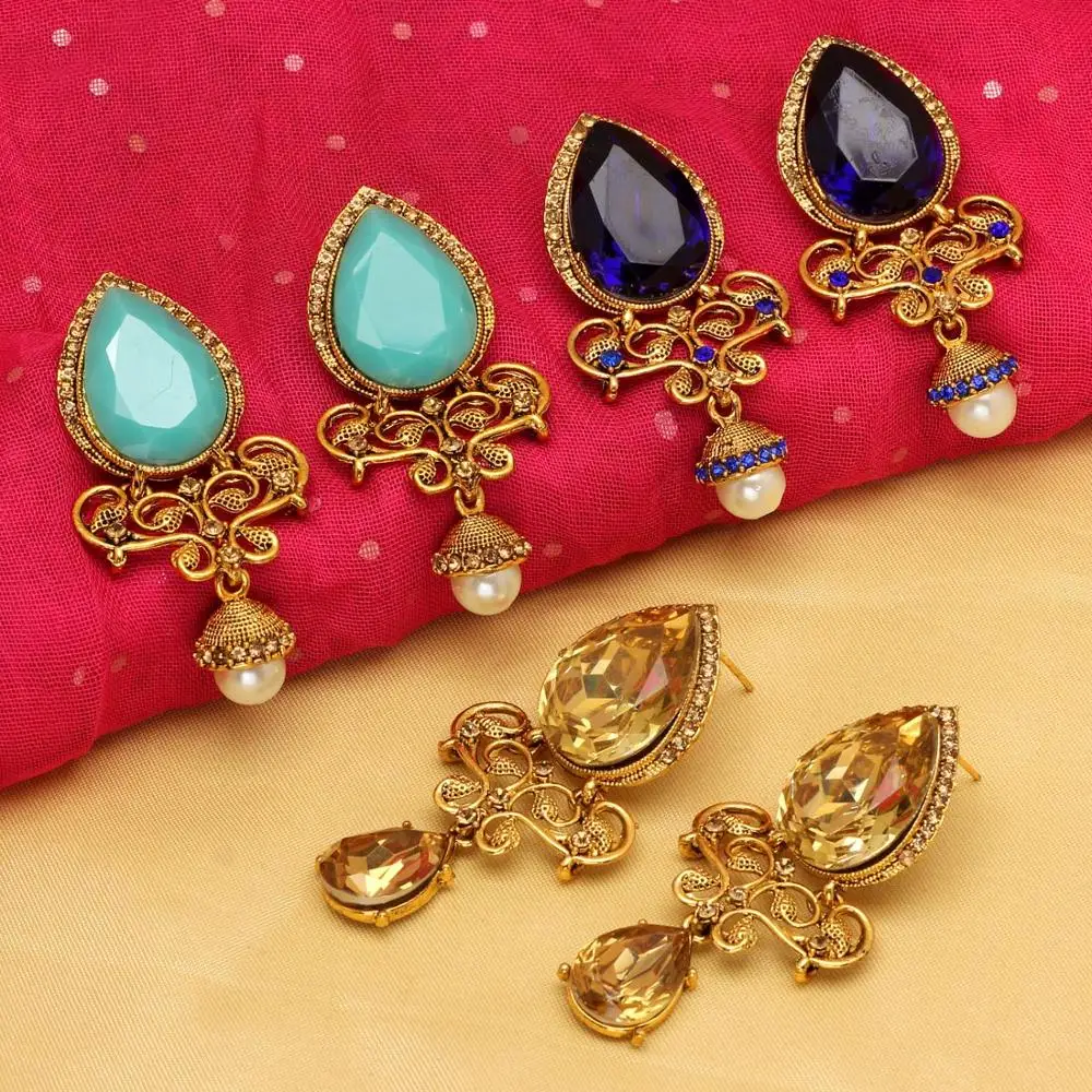 All New Indian Jewelry Multi Color Glass Stone 3 Pair Of Earrings Combo for women and girls