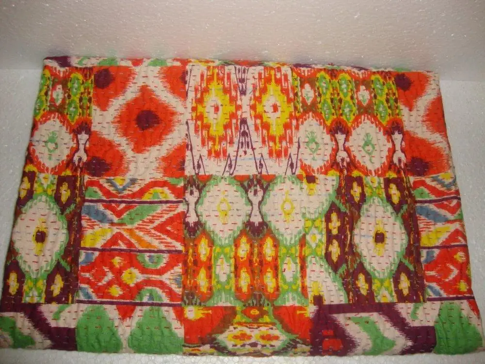 Handstitched Beautiful Multicolor with Pink Print kantha quilt Indian handblock print Reversible cotton Bedding Bedspread Kantha