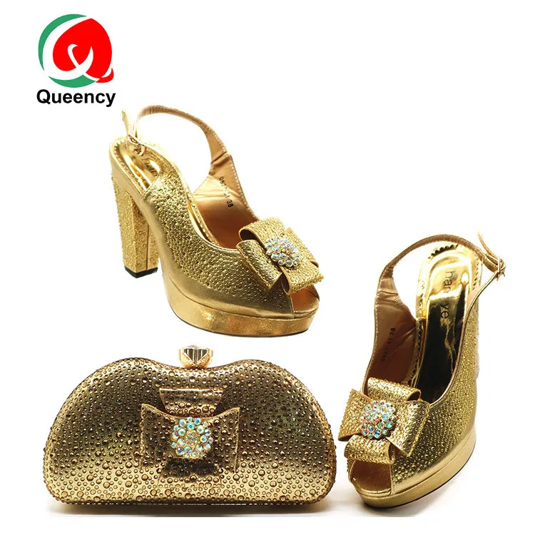 Queency High Heel Shoes and Matching Clutch Bag Evening Nigerian Gold Party Square Heel High (5cm-8cm) Summer PU Slingbacks PVC