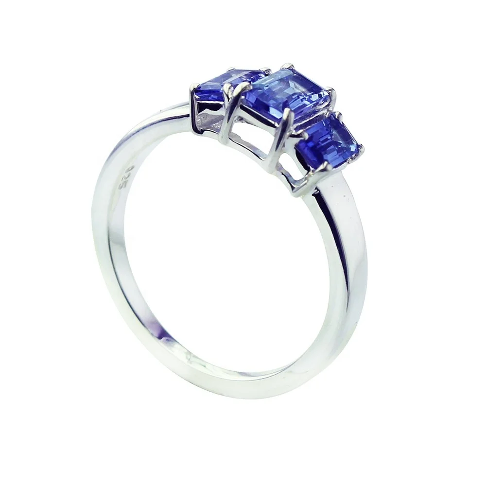 100% 925 Sterling Silver Emerald Cut Blue Colored Gemstone Vintage Party Ring For Women Fine Jewelry Wholesale