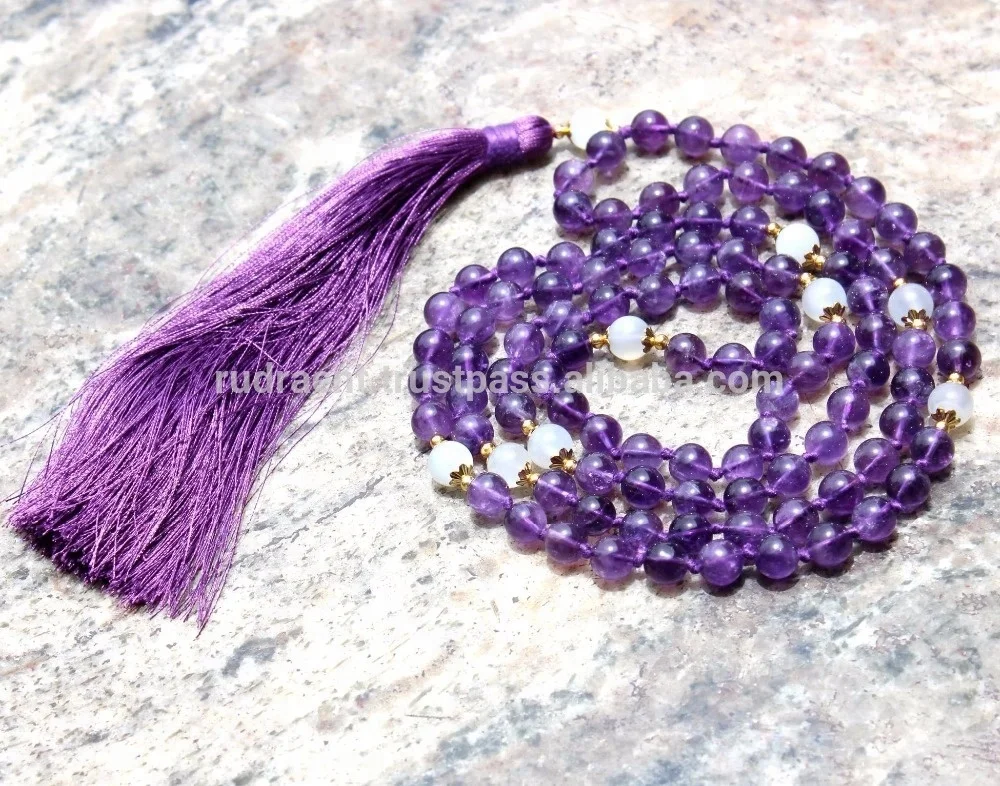 Spiritual Gemstone 108 Beads Rosary Yoga Jewelry Amethyst Moonstone Meditation Mala Beads Tassel Long Necklace
