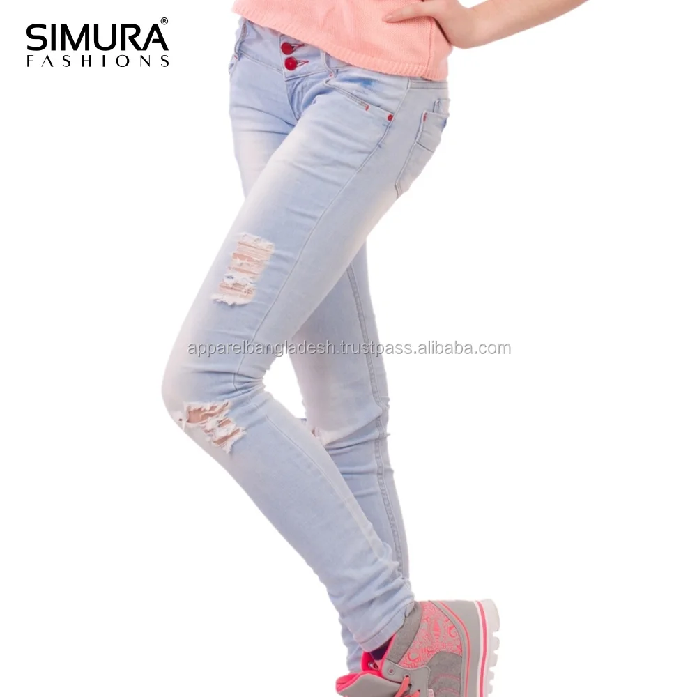 
Wholesale Woman Dress 2019 100% Cotton Destroy Wash Ripped Denim Jeans for Girls 
