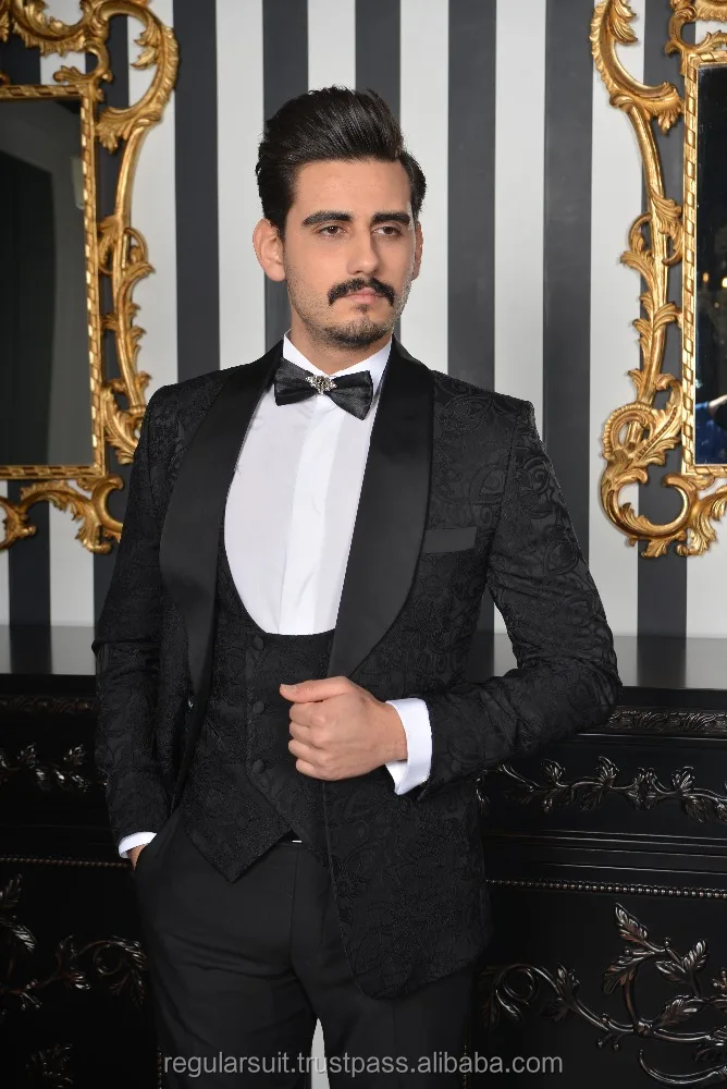 
2018 3 Pieces Patterned Navy Men Black Wedding Suit 