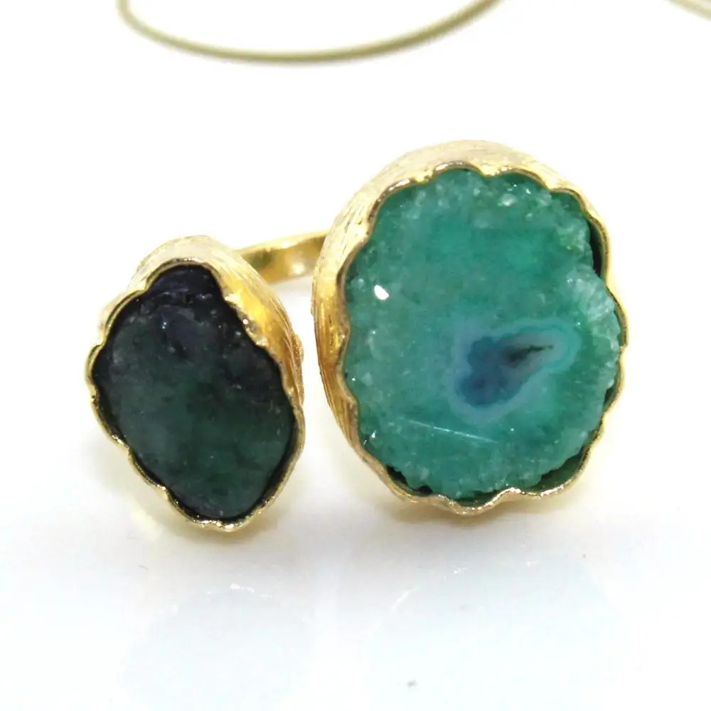 Natural raw emerald & solar quartz gemstone ring brass 24K gold plated ring handmade adjustable boho ring