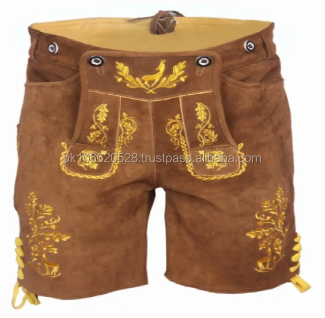 Authentic German Bavarian Oktoberfest Leather Lederhosen Beer Brown Yellow Oak