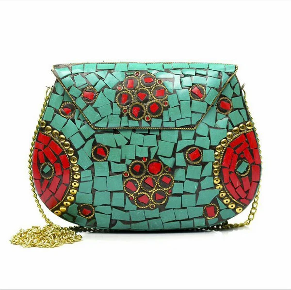 Hot sale mobile holder assorted designs & colors mosaic stone metal clutch box bag