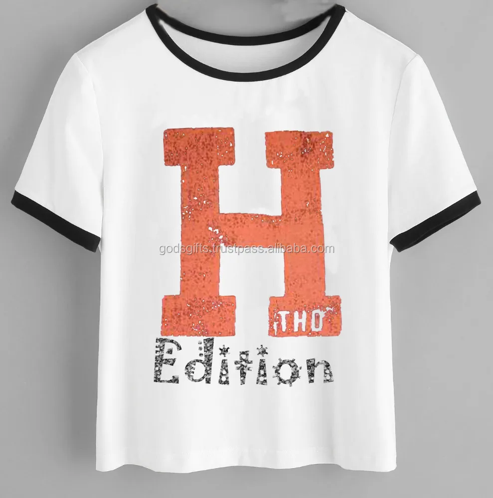 tirupur wholesale fashion womens pink T Shirt OEM Boat Neck Tshirt Printed silkscreen printed womens Round Neck Ringer Tshirt