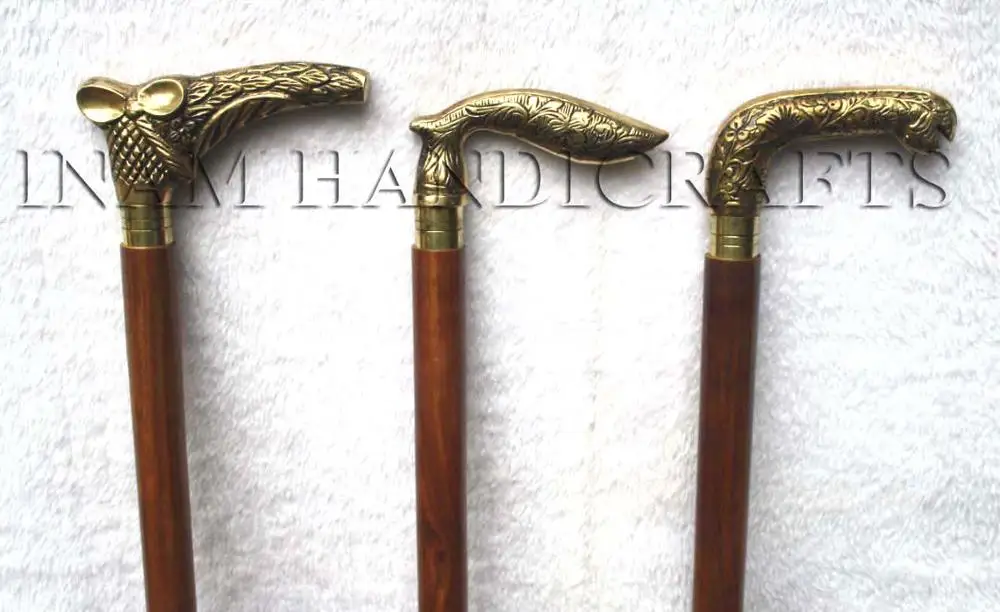 Antique brass unique handle wooden walking hiking sticks / Wooden Walking stick with brass embossed handle