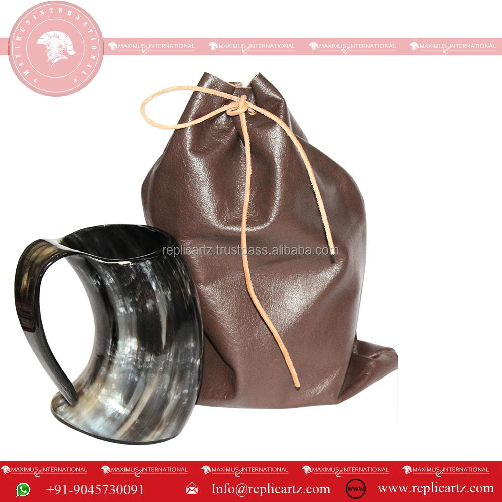 Viking Natural Horn Mug with Leather Bag Horned Handle, Safely Holds Hot and Cold Tea