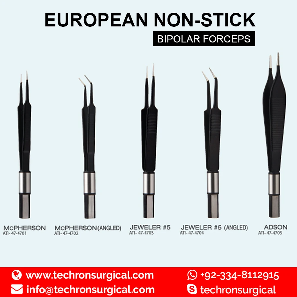 
McPherson Curved Fine Tip Euro Type Ophthalmic Bipolar Forceps Non-Stick 
