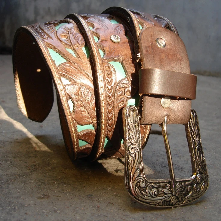 
Ремень из натуральной кожи с резьбой на пряжке в Западном ковбойском стиле/ковбойском стиле, цвет морской волны, со стразами 