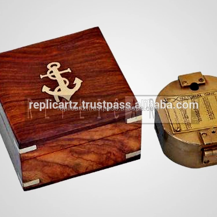 Antique Brass Brunton Compass with Wood Box Direction Hiking Maritime Nautical Gift Home Decor Gifts