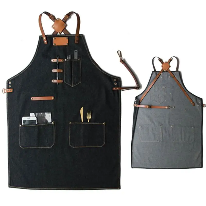 Top quality work aprons for women Jeans apron with cross back leather straps