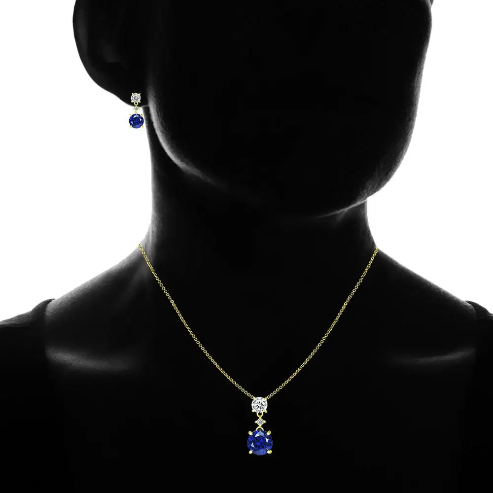 
925 Sterling Silver White Topaz & Synthetic Blue Sapphire Double Round Stud Earrings & Necklace Set 