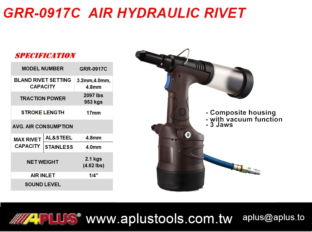 APLUS GRR-0917C воздушный гидравлический клепальный молоток, 4,8 мм слепой, тяговый 2097lbs, длина хода 17 мм, композитный корпус