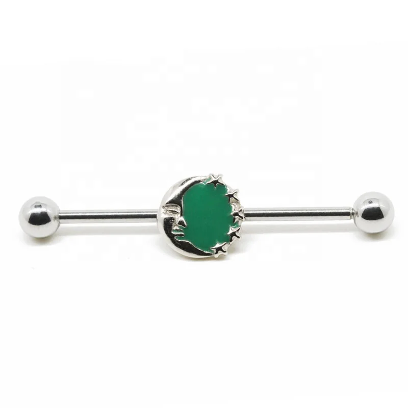 14G Green Enamel Zircon Silver Bar Ear Industrial Piercing Jewelry Industrial Barbell Earrings