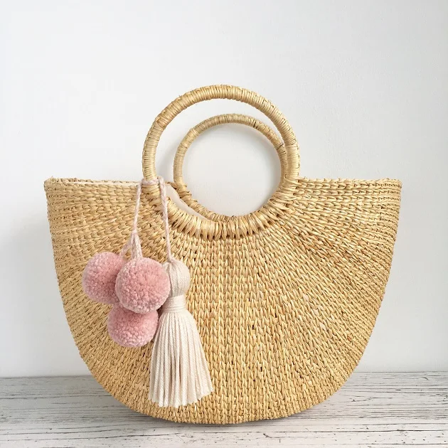 Bali straw bag with pompom hand woven bolsos de paja by string handbags for beach seagrass water hyacinth bags handmade product
