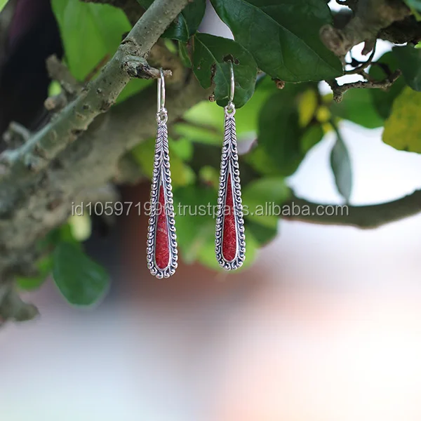
Bird Feather Silver Earring with Red Coral 