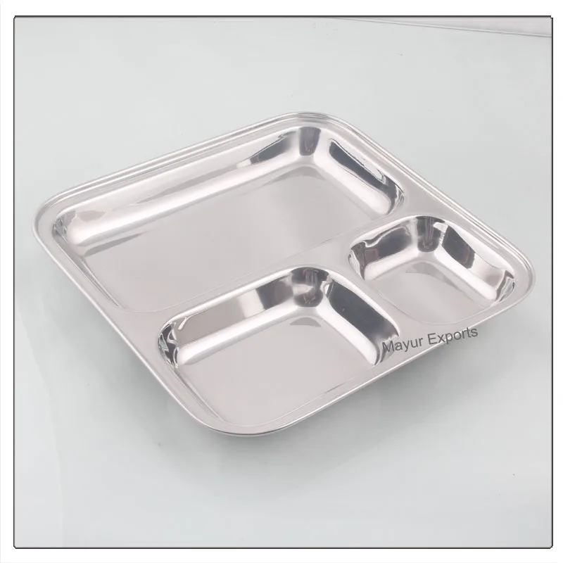Stainless Steel Compartment plate with 3 sections Dinner Plate - 3 in 1 Square