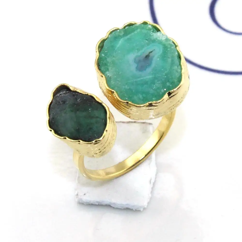 Natural raw emerald & solar quartz gemstone ring brass 24K gold plated ring handmade adjustable boho ring