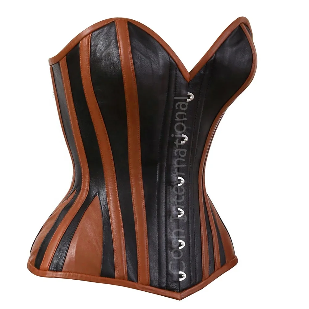 Overbust Steelboned Black Leather Corset With Orange Leather Boning and Trim