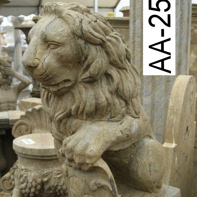 natural stone carved sitting lion, small marble lion, antique stone lion