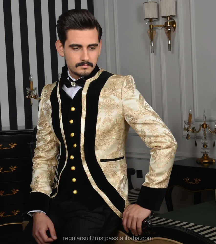 New High Quality Black Gold 3 Piece Men Suit