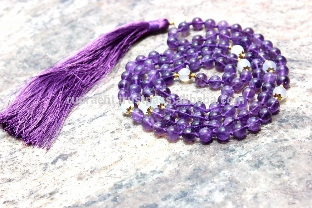 Spiritual Gemstone 108 Beads Rosary Yoga Jewelry Amethyst Moonstone Meditation Mala Beads Tassel Long Necklace