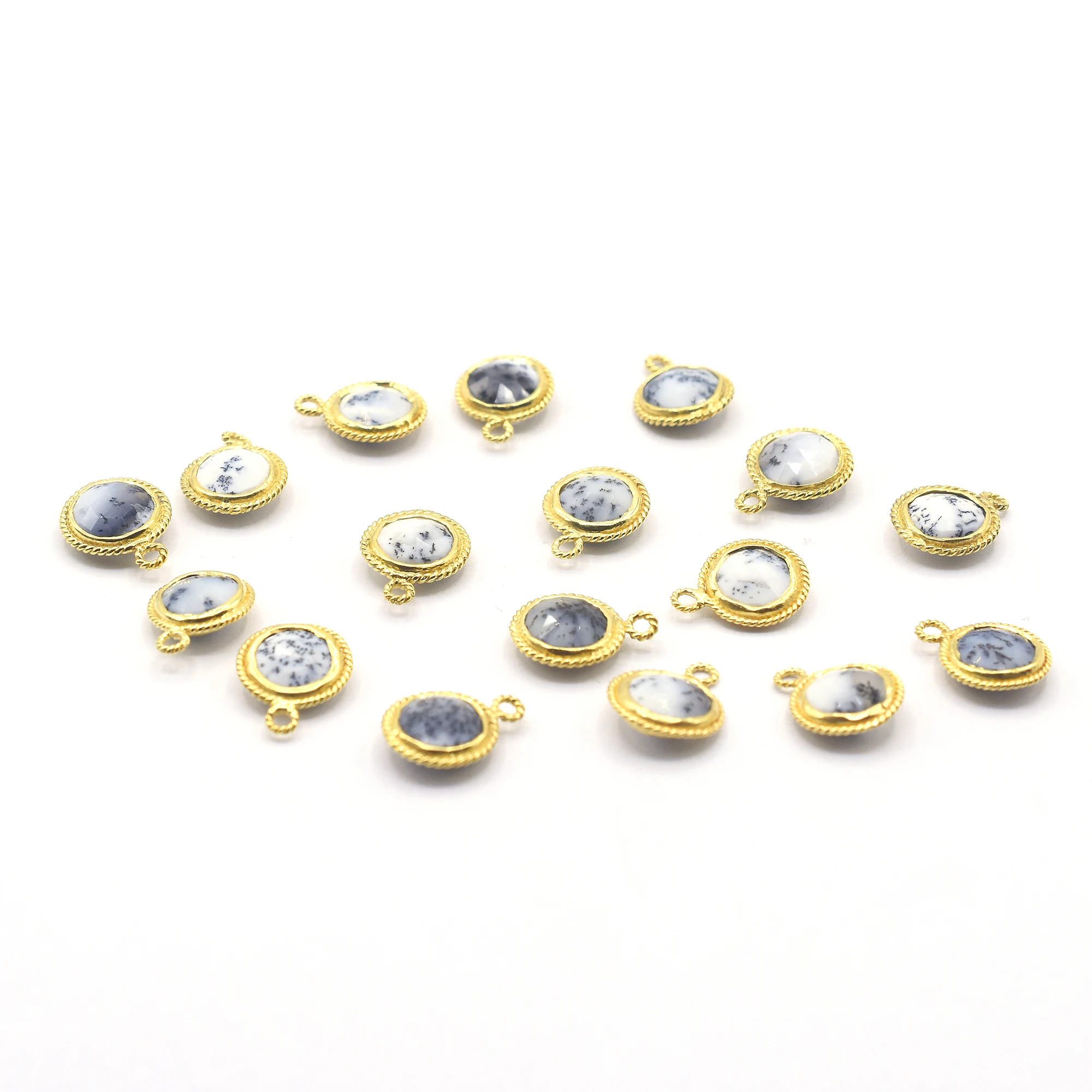 Dendritic Opal Round Shape 925 Sterling Silver Bezel Gold Plated Pendant Handmade Jewelry Making