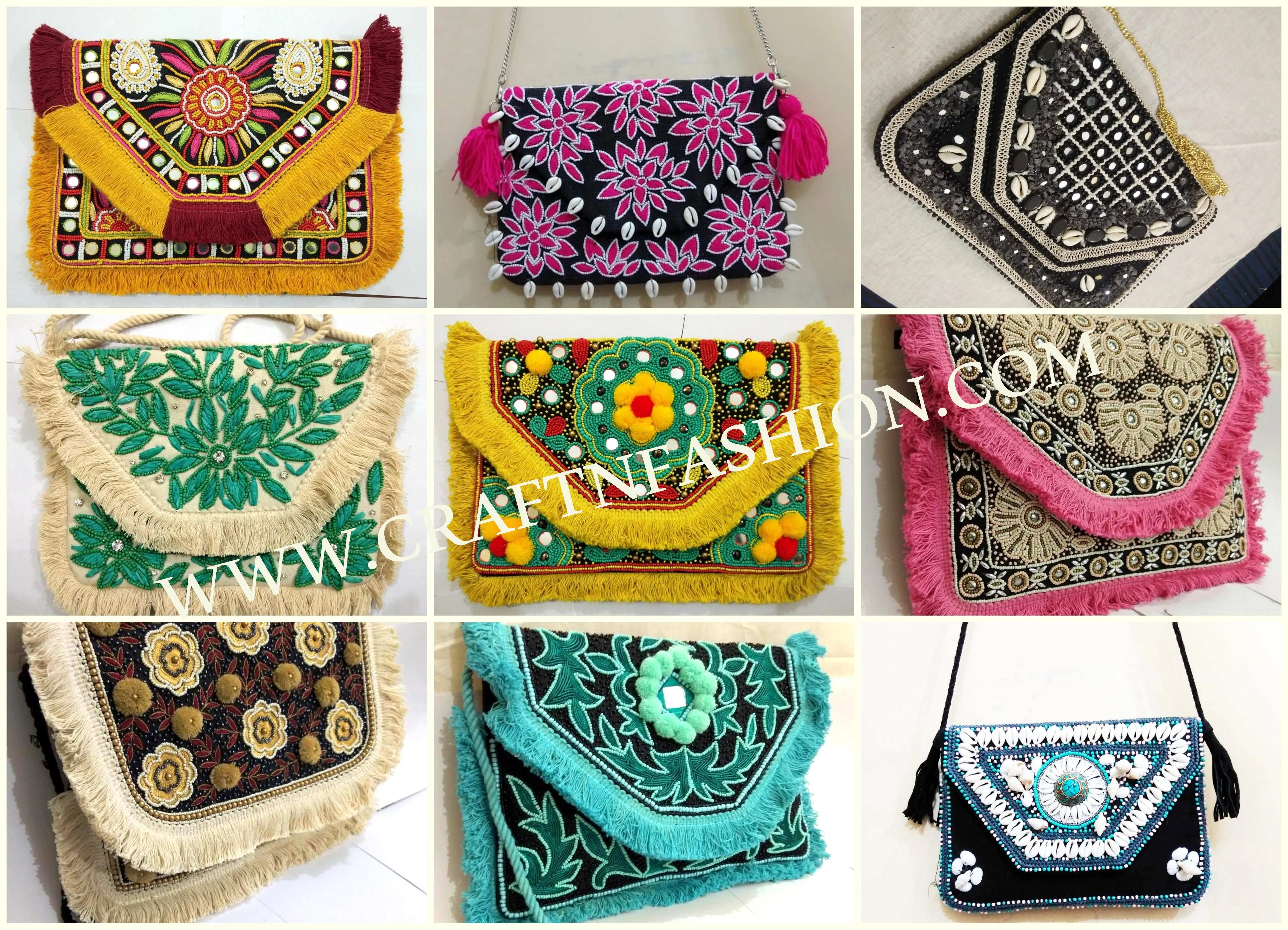 Bohemian Banjara Beaded Clutch Purses - Women Fashion Pom Pom Shells Beaded Bag - Fringe Clutches - Colorful Coins Beaded  Purse