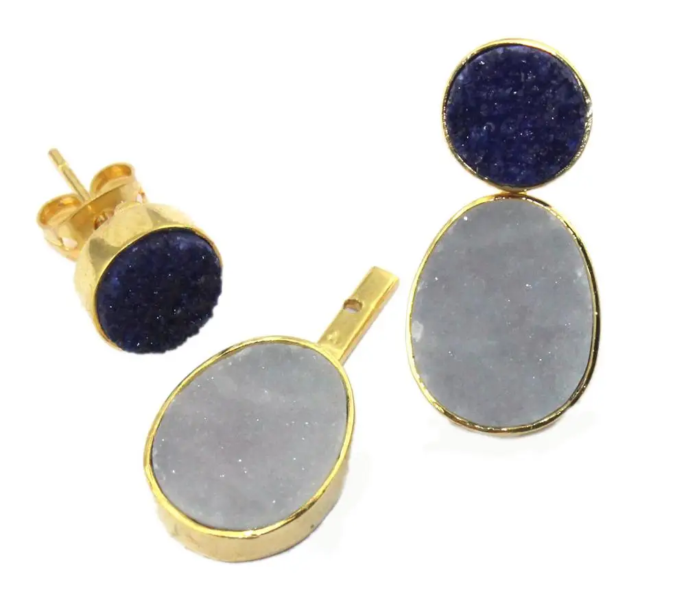 Most elegant collection natural green & pink druzy earring 24K gold plated collet setting earring handmade drop hanging dangling