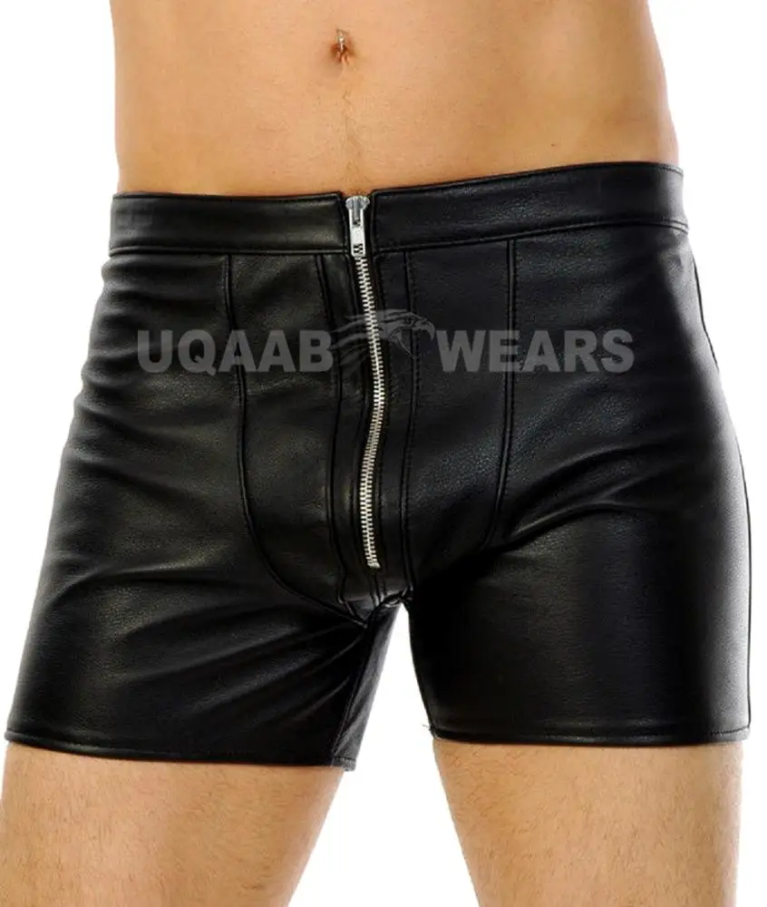 Men Leather Shorts Real Genuine Soft Leather Front Zip Fetish Sexy Boxer Shorts Club wear Bluf Gay Short OEM Wholesale