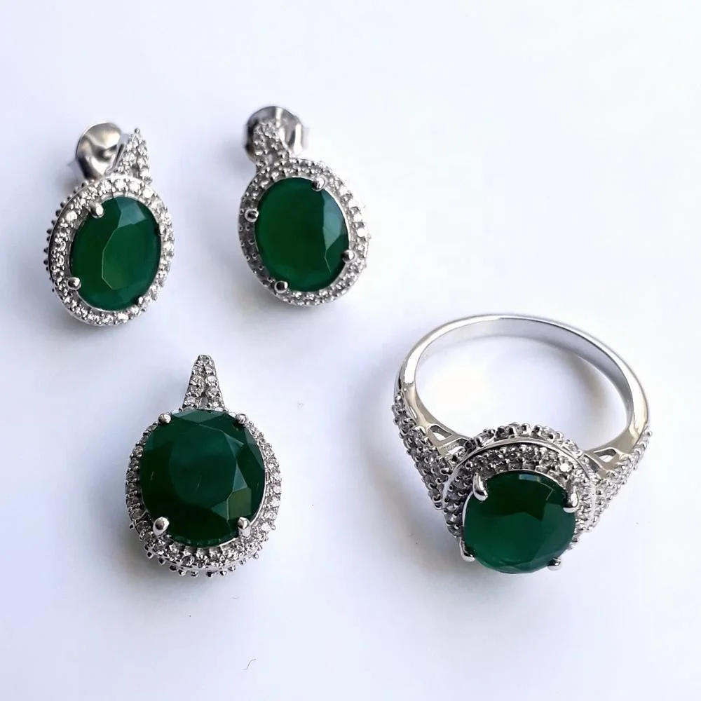 Emerald Zirconia Jewelry Set Bridal Wedding Gemstone Water Drop Luxury Zircon Silver Jewelry Set