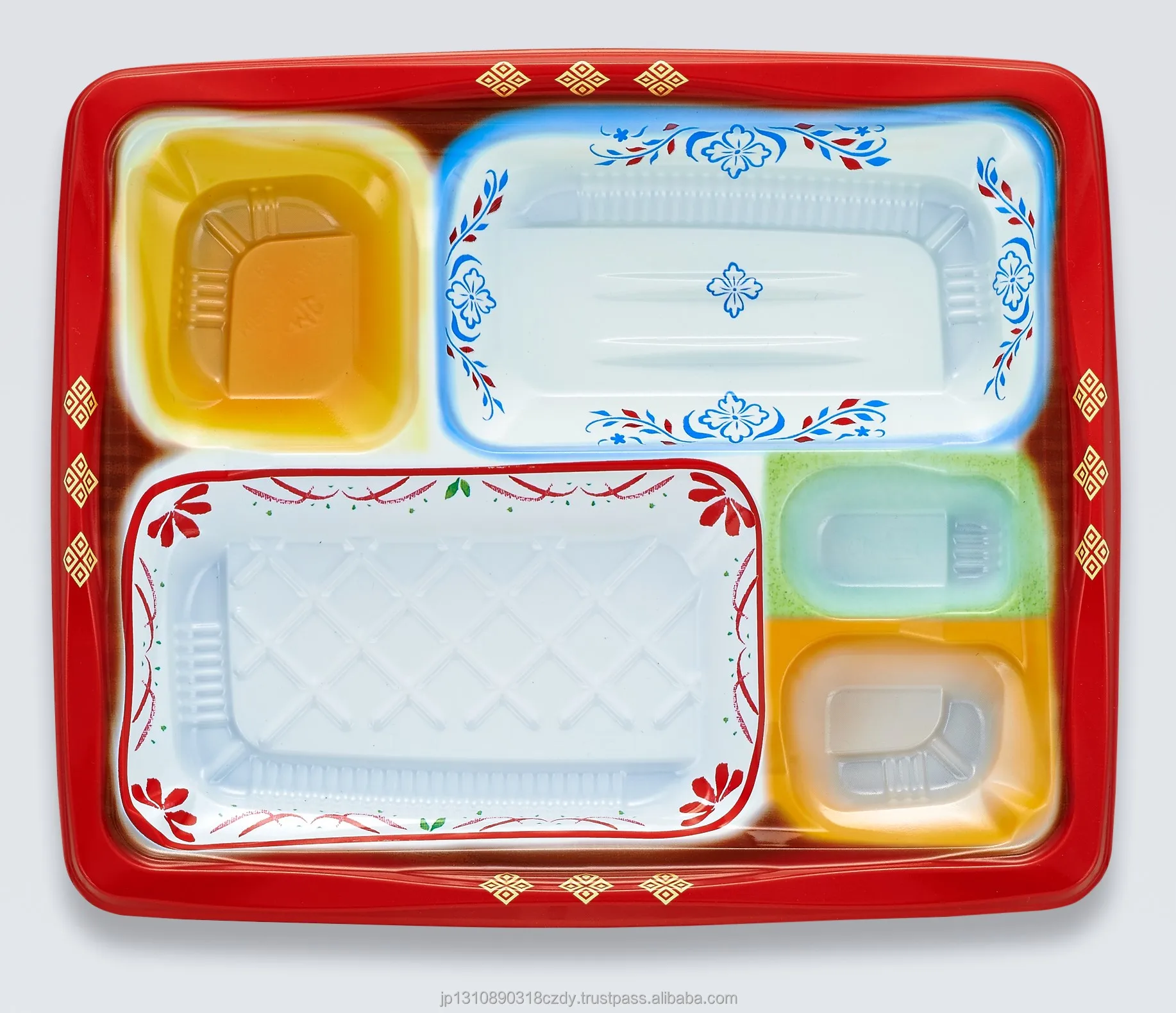 5 compartment plastic food package bento lunch box disposable colorful design anti fog transparent lid microwavable supermarket