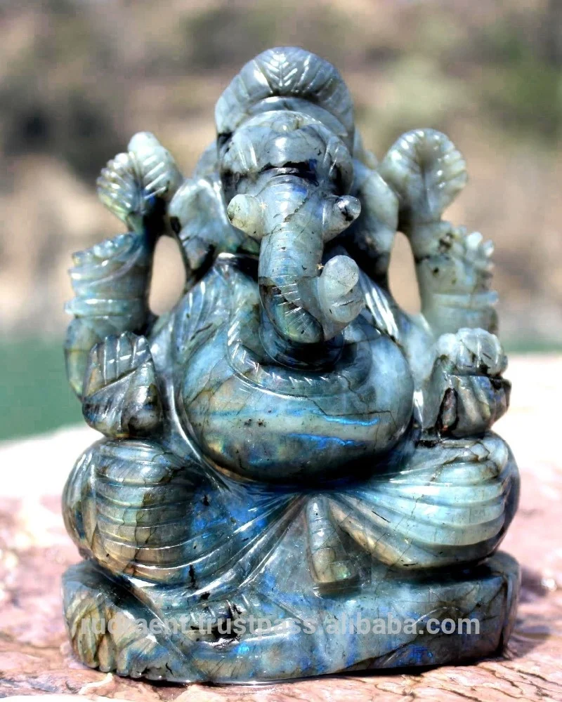 Labradorite Carved Handmade Ganesha Statue Figurine Natural Gemstone Rudra Gems Engraving IN;10122740 Religious SCULPTURE India