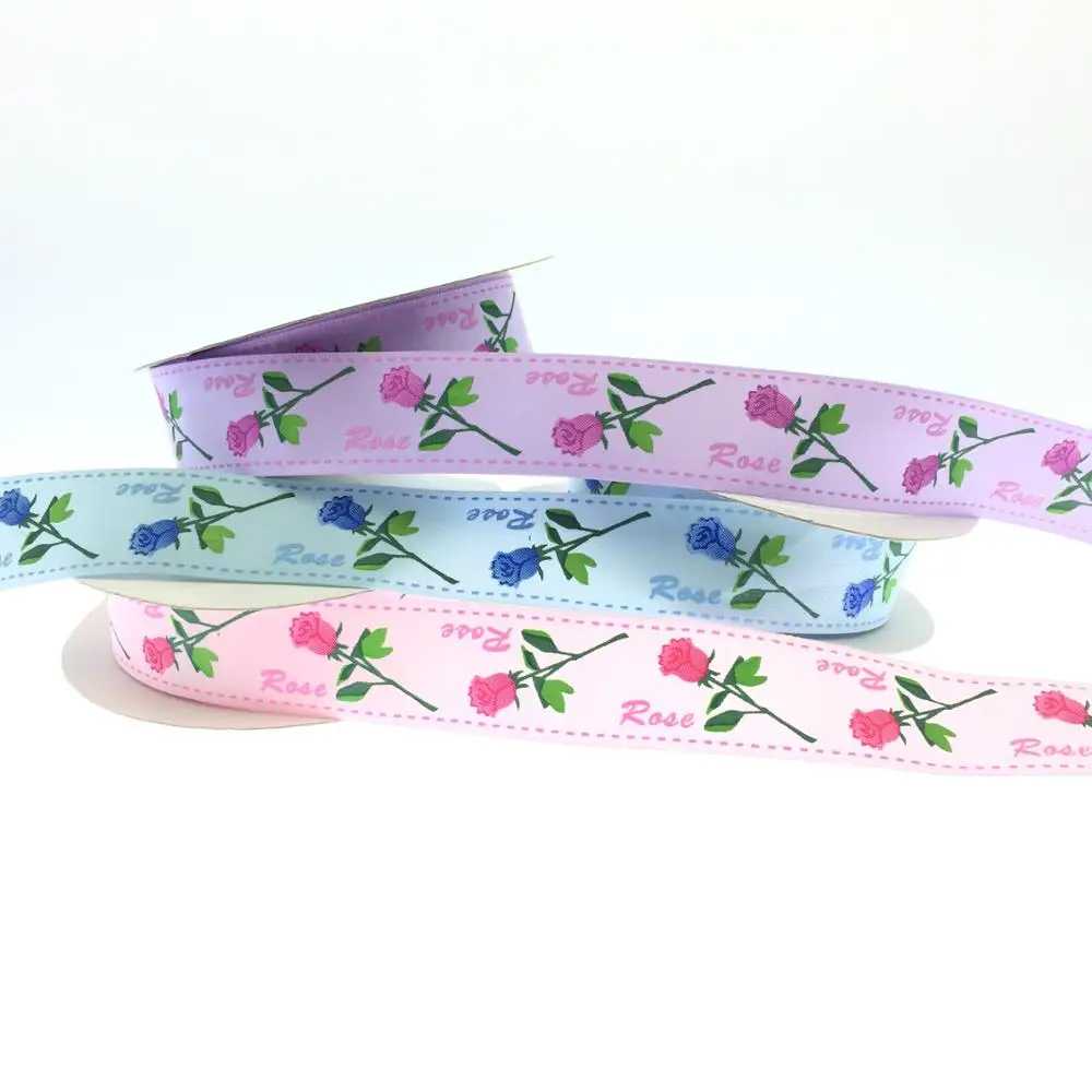 Fancy silk screen rose printing satin woven ribbons