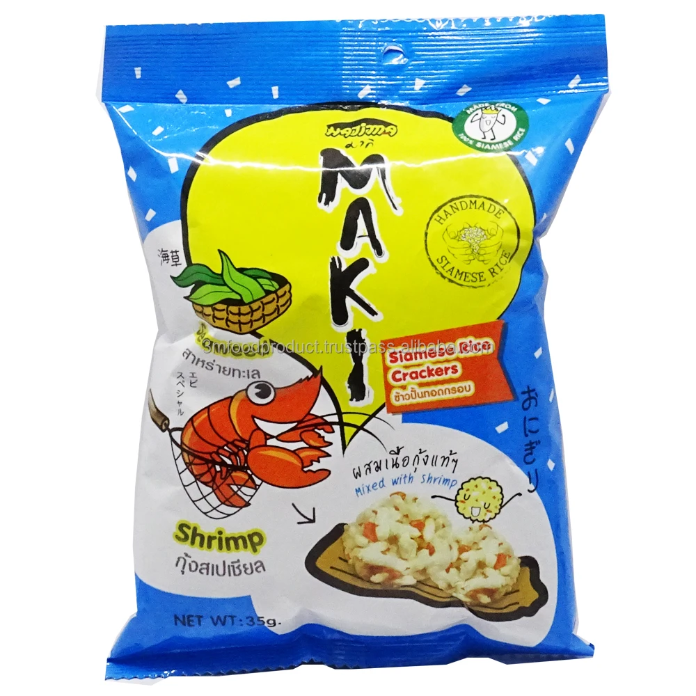 Halal Rice Thai Grain Snacks Wholesale Healthy Snacks Bags Package Chips Snack Chocolate Prawn Durian Wasabi Flavors 35g