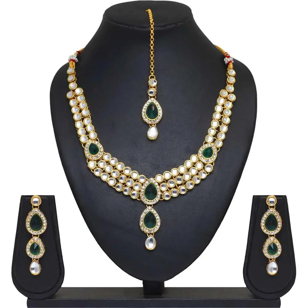 Latest Indian Fashion Green Color Kundan Necklace With Earrings & Maang Tikka